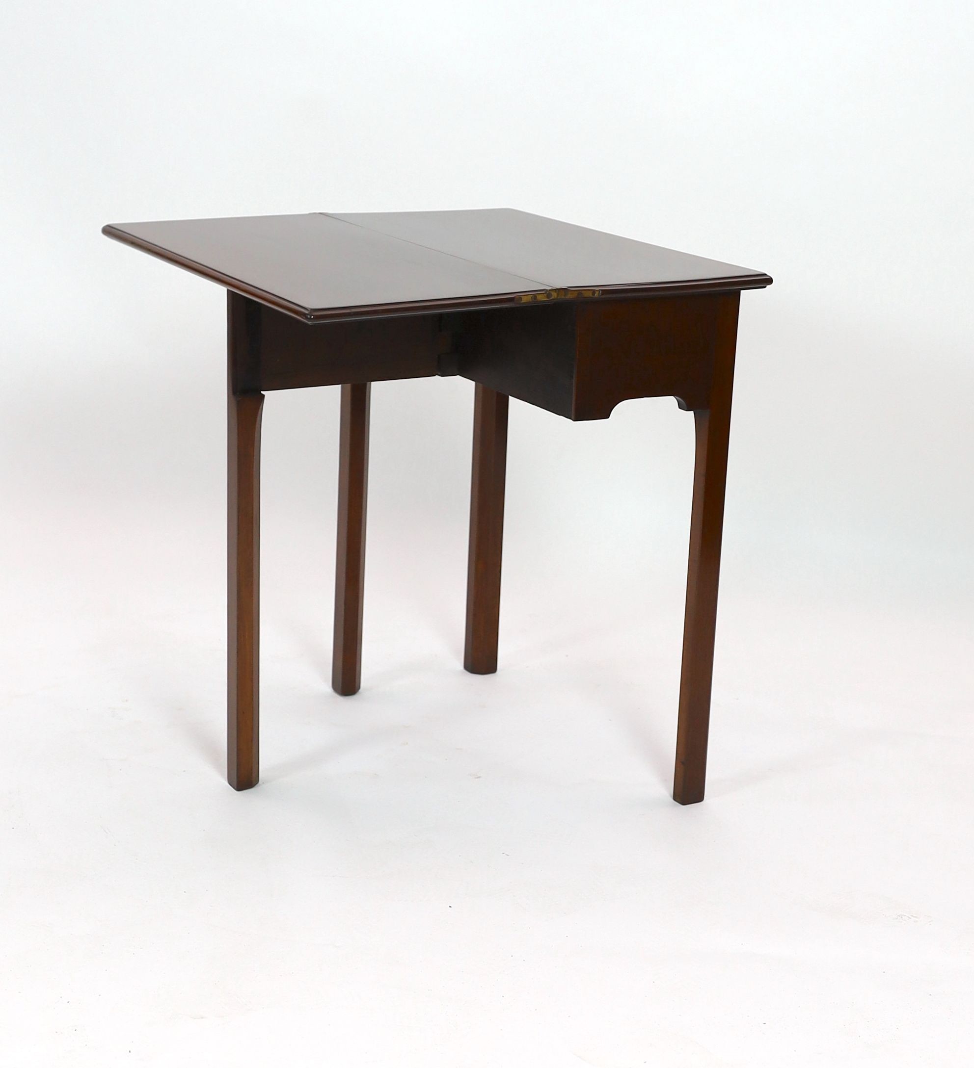 A reproduction George III style rectangular mahogany folding tea table, width 63cm depth 32cm height 73cm